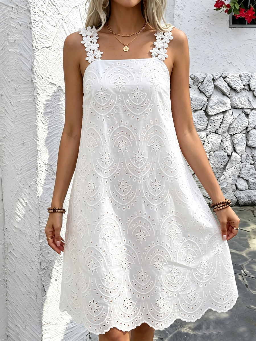 French Hollow Embroidery Square-Neck Sleeveless Dress, with Lace Shoulder Strap Design, Loose A-Line Vacation Midi Dress, Niannian Women'S Wear - White