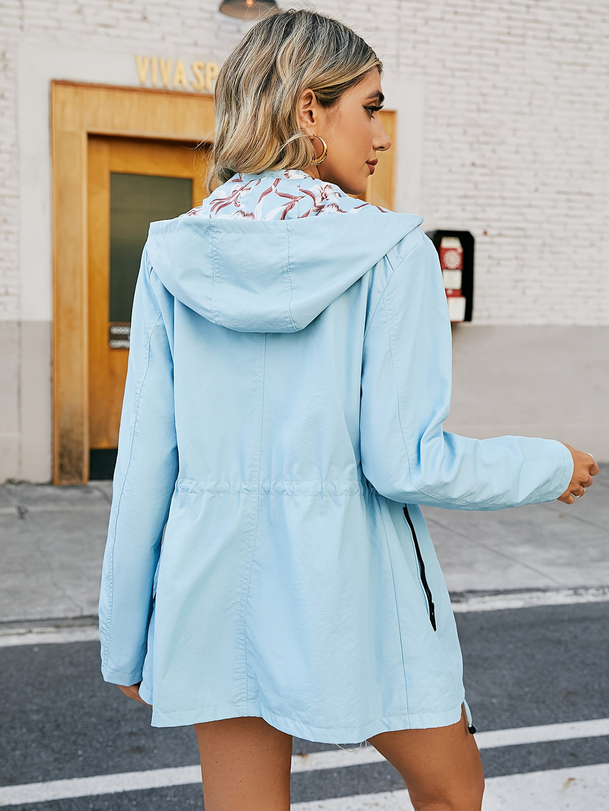 Double-Sided Jacket Women'S Spring And Autumn, Two-Sided Wear, Casual Hooded Jacket, Versatile Lightweight Print (Wash Label Size Label Inside Pocket) - Light Blue Color