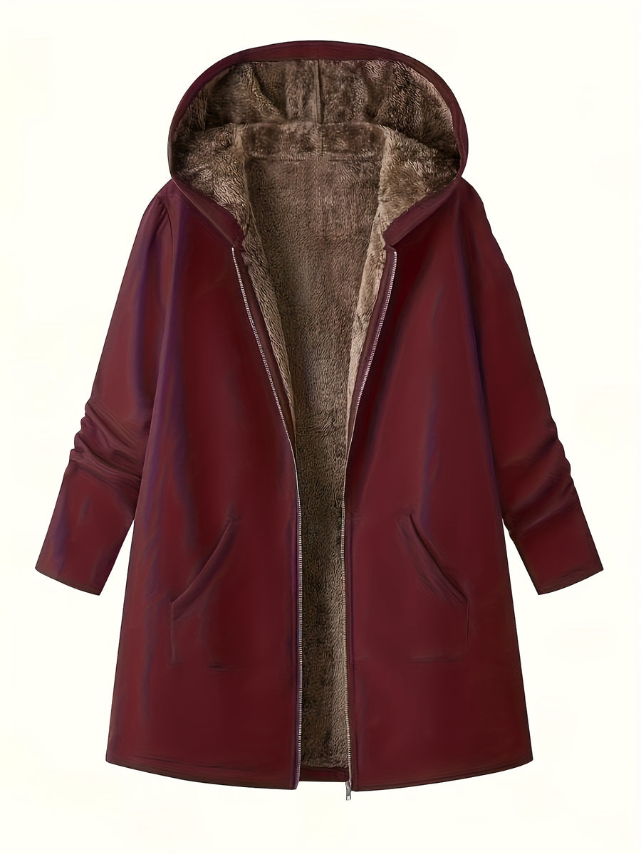 Solid Color Thermal Lined Hooded Jacket for Autumn/Winter Warmth and Casual Wear - Rose Red
