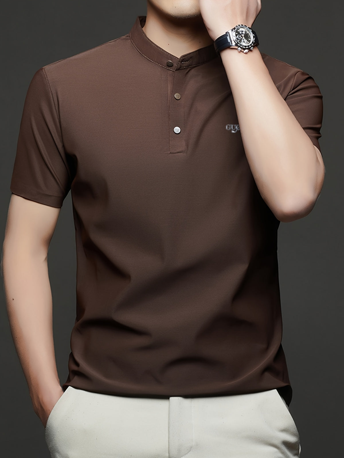 Maqiqi OBM Men's Chinese Style Henley Shirt - Breathable Short-Sleeve -Front Collar Polo, Half-Open Placket Stand Collar Tunic for Business Casual Wear, Layering Base Layer Top Suitable for Office, Golf, Running Gift - Coffee Brown