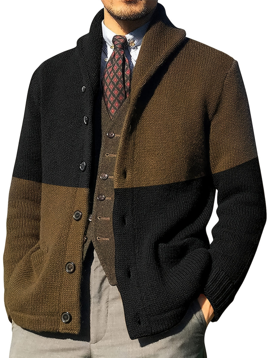 Men's Autumn and Winter New Style Lapel Single Breasted Cardigan Color Blocked Fashionable Casual Business Versatile Slim Fit Skin Friendly Comfortable Soft Warm Long Sleeved Pocket Durable Sports Vitality Simple Knitted Sweater - Black