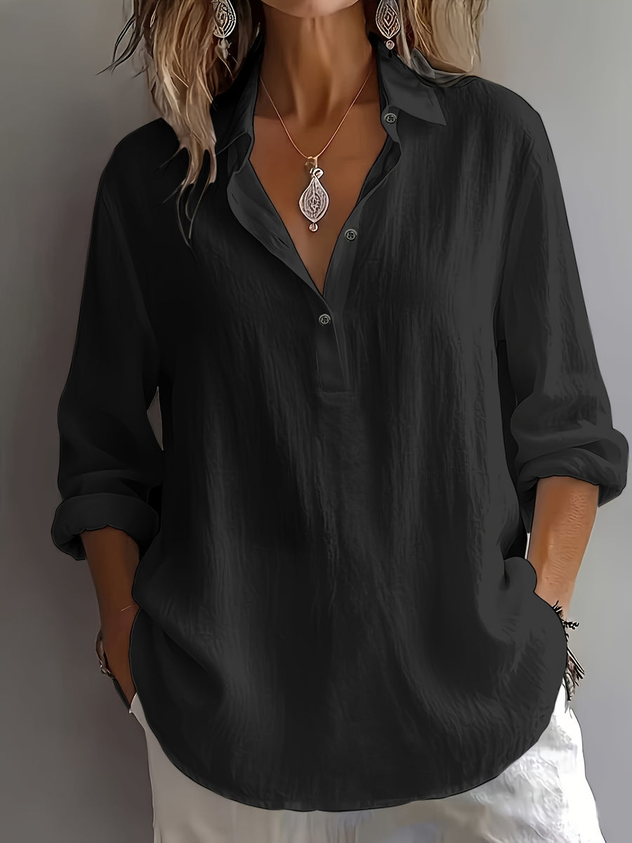 Multi-Color Available Taxi Direction New Stunning Elegant Style Solid Color POIO Collar Long Sleeve Spring Autumn All-Season Versatile Shirt - Black
