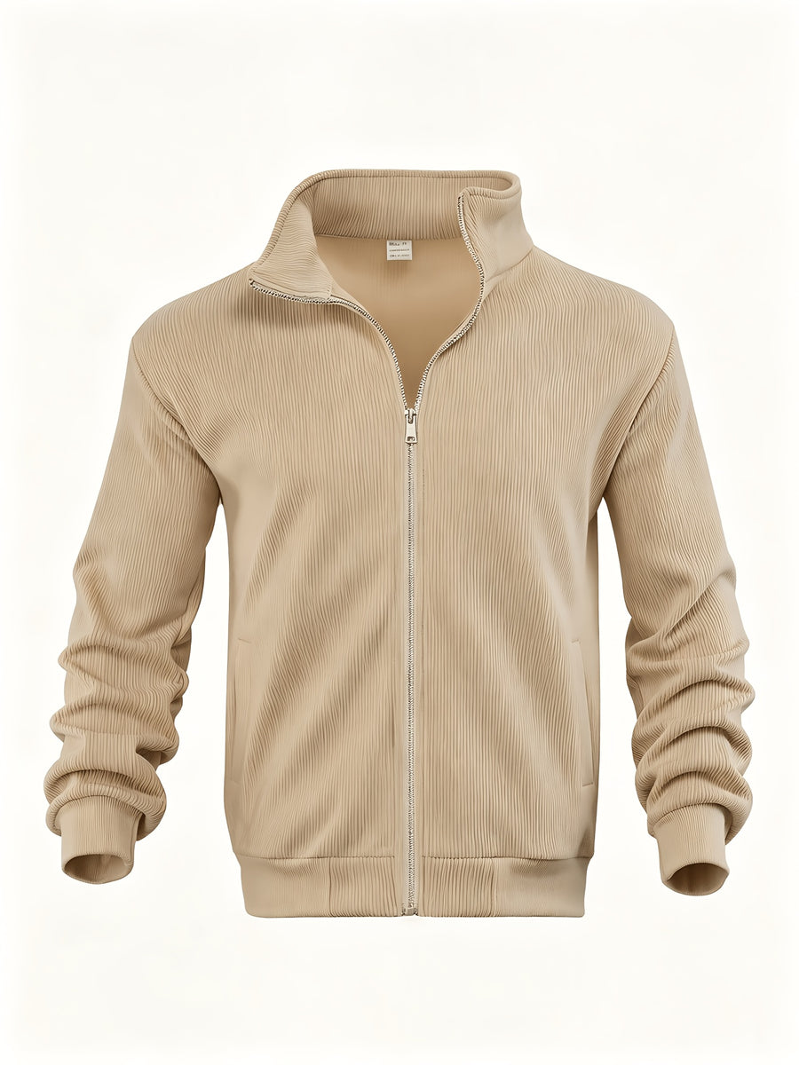 Men's Corduroy Full-Zip Stand Collar Jacket, Soft Vertical Rib Texture Corduroy Casual Full-Zip Outerwear, Ribbed Cuffs and Hem, Side Insert Pockets, Loose Fit Cut, Lightweight and Warm Jacket, Suitable for Autumn/Winter Daily Wear, Street Outings - Khaki