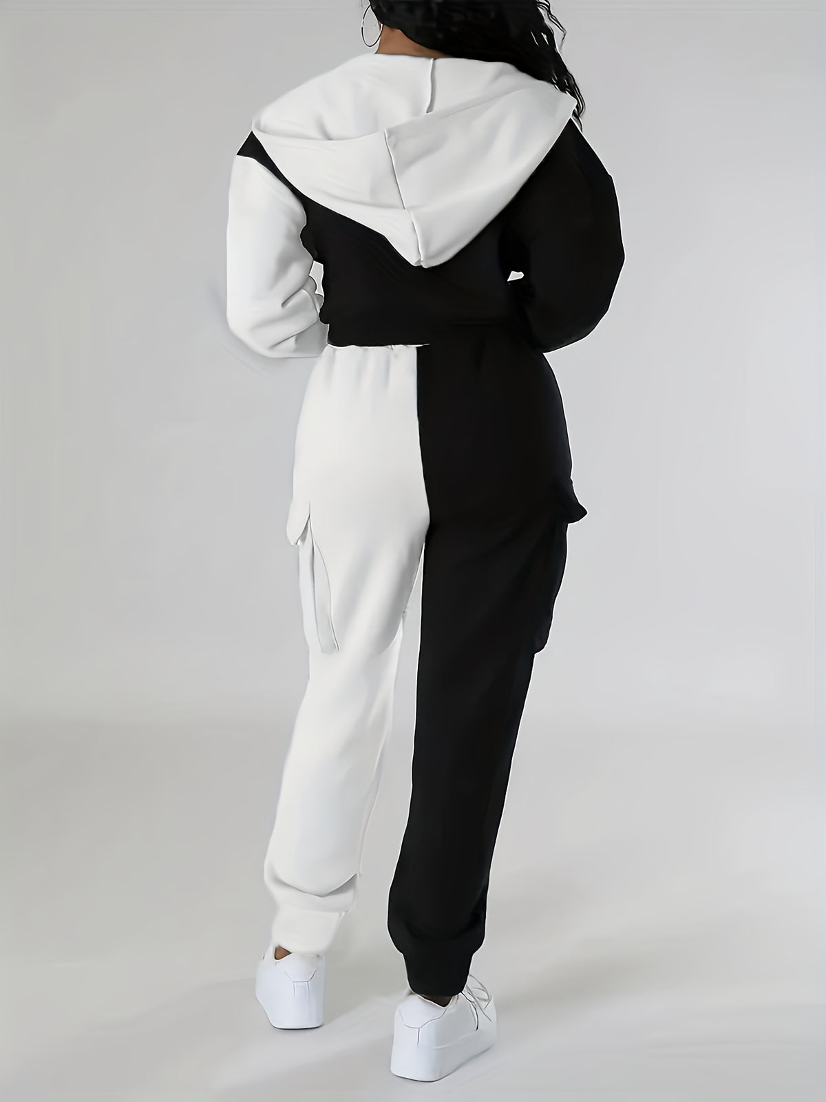 Fashion Women'S Clothing, Color-Block Hooded Casual Set - Black And White