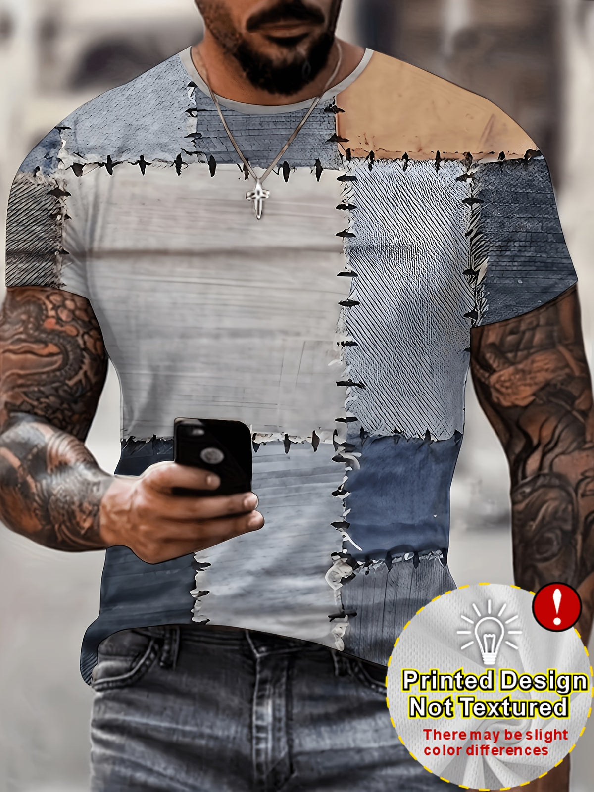 Digital Print - Men's Novelty Color Block Short Sleeve Crew Neck T-Shirt, Summer Outdoor [Print Design - Not Textured] [Print Design - Not Textured] - Mixed colors