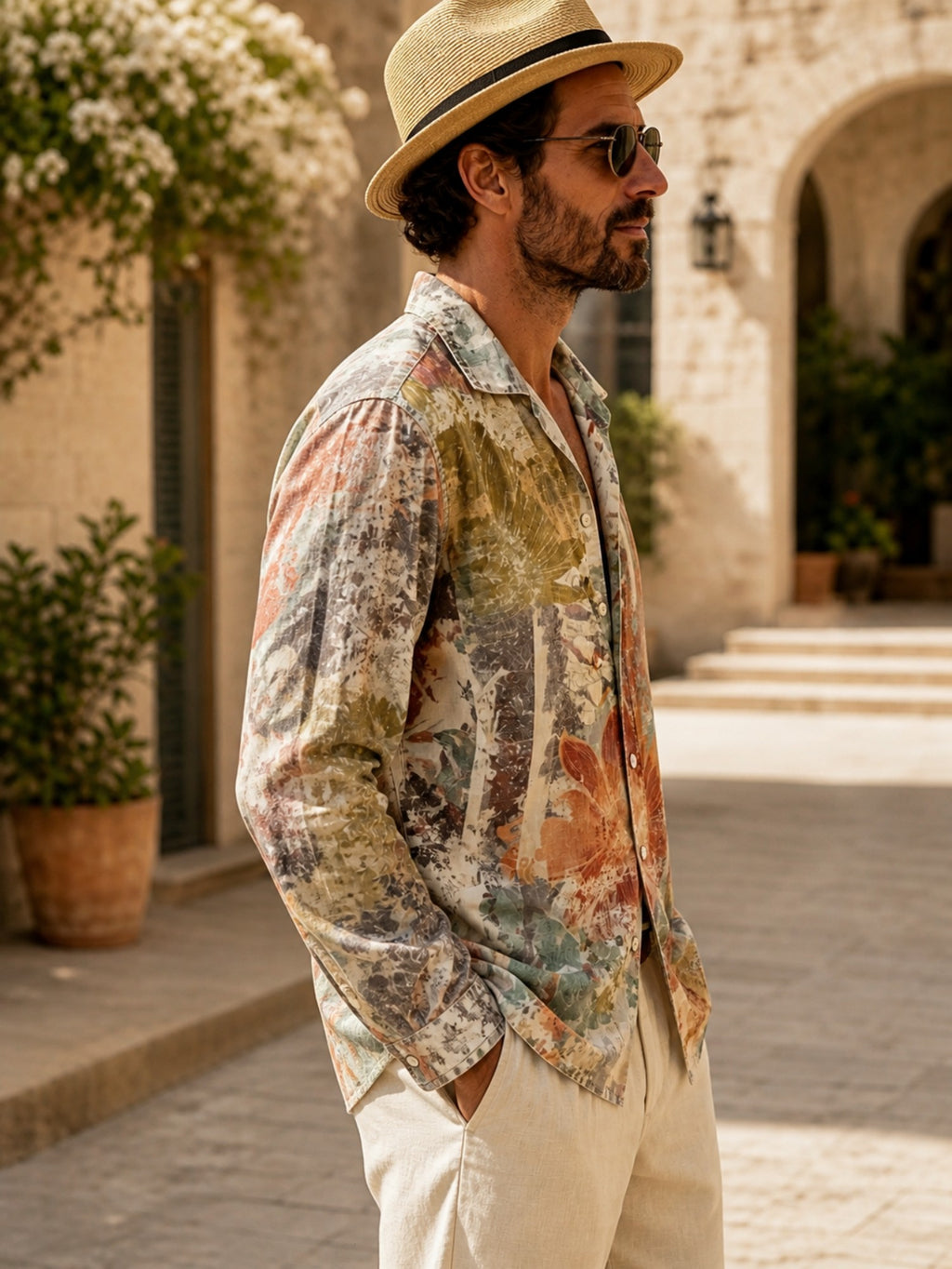 Men'S Vintage Abstract Art Print Long Sleeve Shirt, Beige, Rust Red, Olive Green And Light Cyan Colorways, Casual Button-Up Collar Top, Loose Lightweight Bohemian Vacation Street Style Shirt, Suitable for Summer Travel, Beach, And Daily Wear - Mixed colors