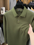 Men's Golf, Casual, Fishing, Tennis, Sports Solid Color Top, Spring/Autumn Apparel for Middle-aged and Young Men, Soft and Skin-friendly Piqué Pure Fabric, Long-Sleeve Polo Shirt, Men's Long-Sleeve T-Shirt, New Spring/Autumn Casual Turn- Collar Solid - Green