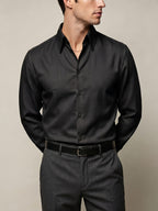 European and American Style Men's Long-Sleeve Shirt, High-End Feel, Casual Business, Wrinkle-Resistant, Single-Spread Collar Top, -Linen Texture, Formal Dress Shirt - Black