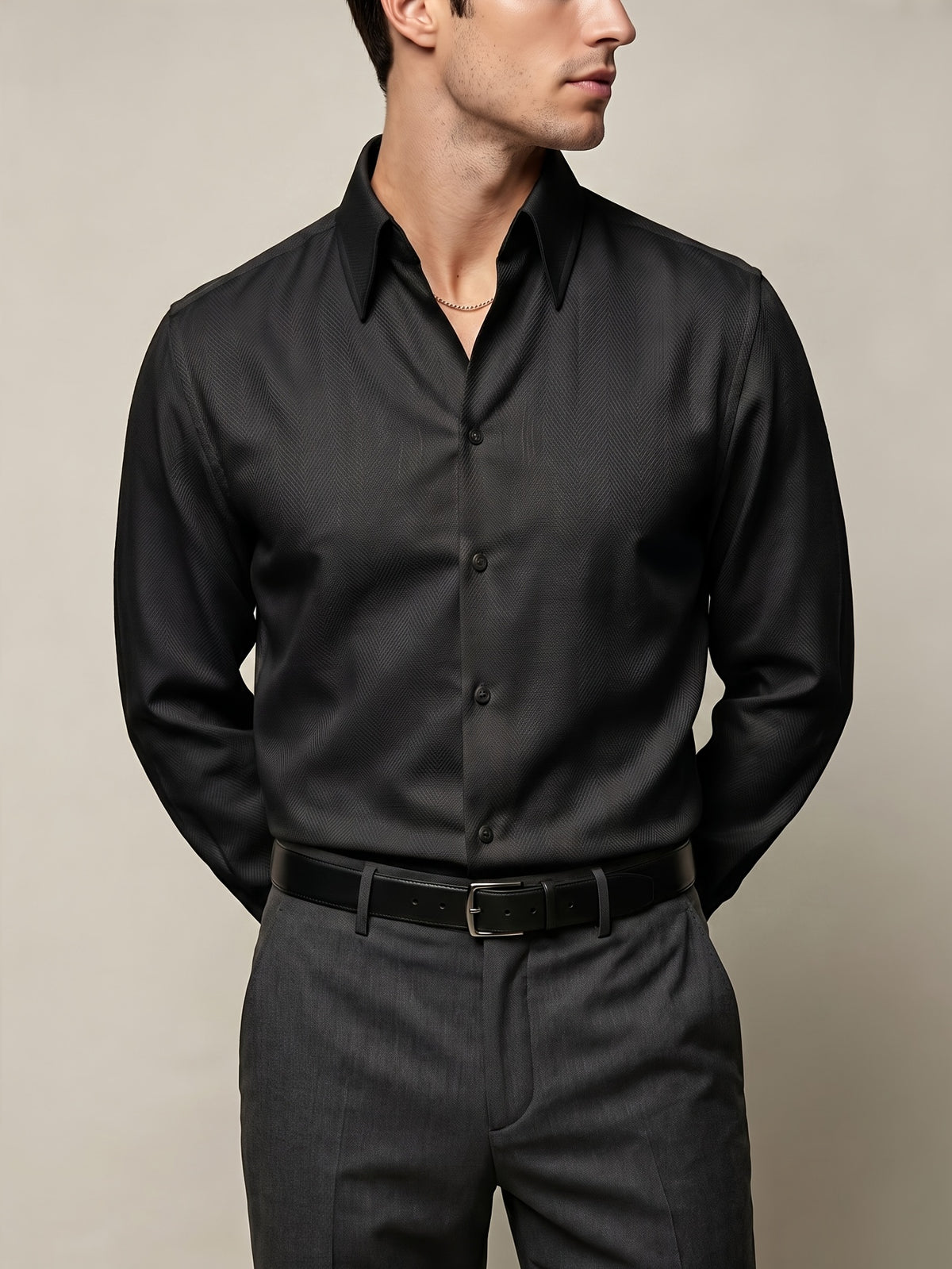European and American Style Men's Long-Sleeve Shirt, High-End Feel, Casual Business, Wrinkle-Resistant, Single-Spread Collar Top, -Linen Texture, Formal Dress Shirt - Black