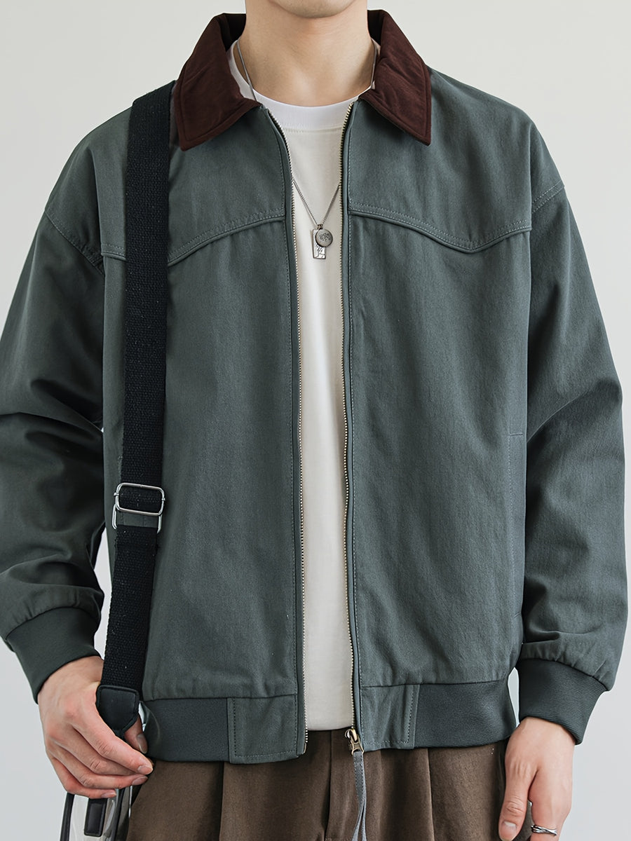 Jingmeleng Selection Men's New Outdoor Workwear Vintage Lapel Jacket - Contrast-Color Corduroy Collar - Solid Color Fabric with Drawstring - Metal Vintage YKK Zipper - Hem and Cuff Ribbed Design - Loose Fit Fashionable Trendy Casual Outerwear - Gray Green