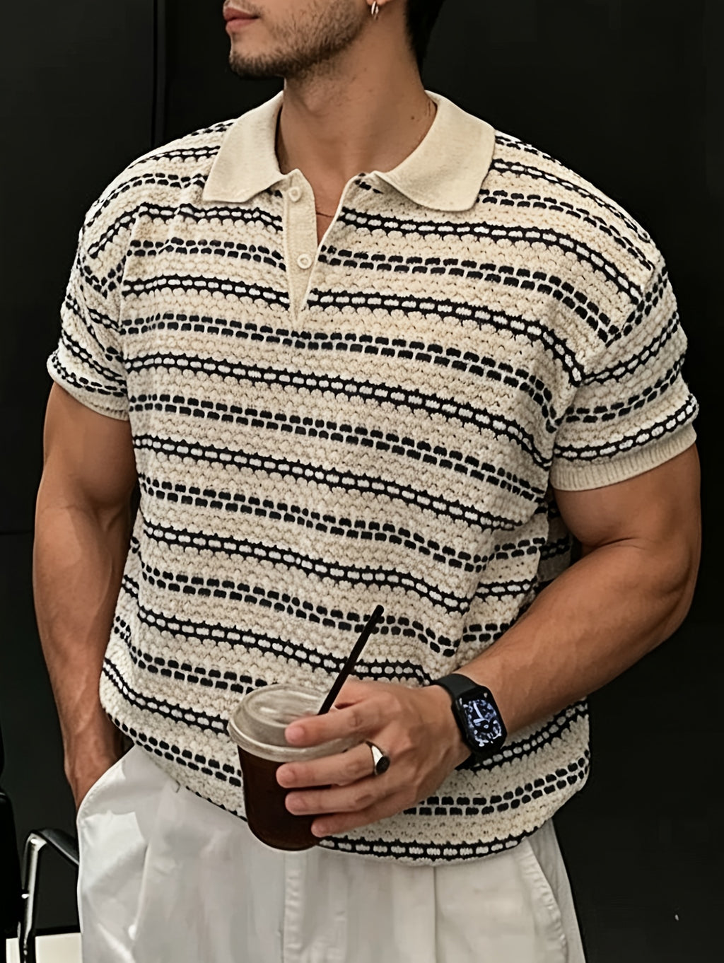 Men's Knitted Pullover Textured Striped Short-Sleeve T-Shirt, Summer Korean Style Outfit, High-End Henley Collar Polo Shirt Top - Apricot