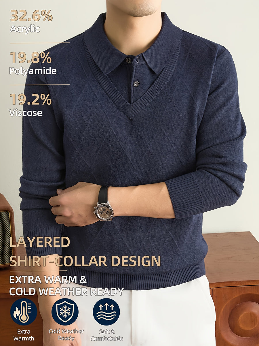 Men's Grey Polo Sweater, Faux 2pcs Shirt-Collar Design, V-Neck & Subtle Diamond Knit Pattern, Classic Refined Style, Warm Autumn Winter Pullover for Casual Wear, Golf & Outdoor Activities - Navy