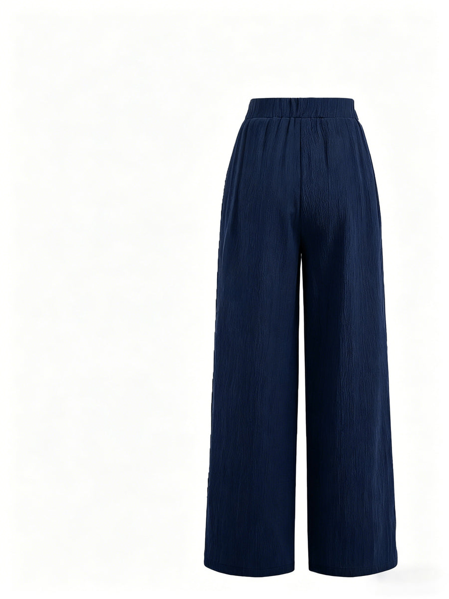 Summer High-Waisted Wide-Leg Pants for Women, High-Quality Draped Loose Straight-Leg Trousers, Casual Pants, Thin Style + Talan - Navy Color