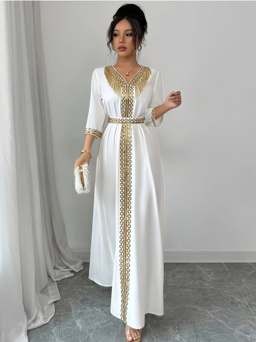 Retro Color Block Stitching V-Neck Dress - White