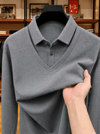 Men's Shirt Collar Fake 2pcs Knitted Top, Thick Warm Long Sleeve Base Shirt, Casual Pullover Polo for Golf, Fishing, Tennis, Winter Daily Wear for Middle-aged Dad - Light Grey