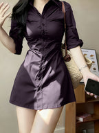 Waist- And Single-Breasted Solid Color Shirt Dress, Suitable for Dating And Commuting - Deep Purple