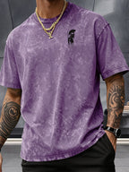 Short Sleeve T-Shirt, 100% Washed Distressed Loose Fit, Front And Back Double Print of Dark Ink Warriors, Casual Street Y2K Hip-Hop Style Couple'S Daily Commute Fitness Outing Statement Top - Purple