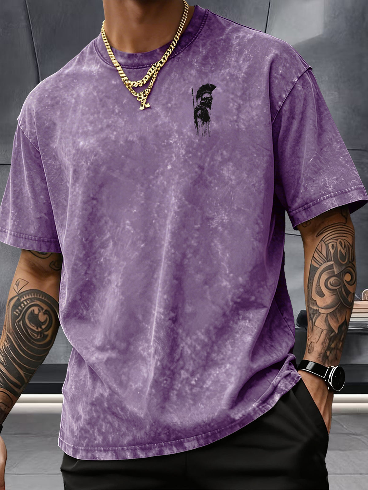 Short Sleeve T-Shirt, 100% Washed Distressed Loose Fit, Front And Back Double Print of Dark Ink Warriors, Casual Street Y2K Hip-Hop Style Couple'S Daily Commute Fitness Outing Statement Top - Purple