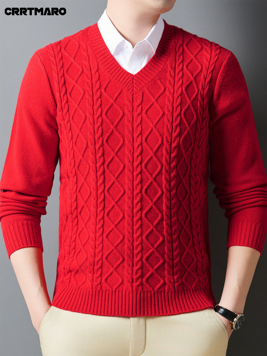 Cartama CRRTMARO Autumn/Winter Knitted 3D Solid Color V-Neck Sweater, Basic Thickened Pullover, Men's Fashion Knitwear Long Sleeve HH - Bright Red