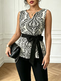 Women's Printed Sleeveless Cinched Waist Top, V-Neck Belted Shirt, Slim Fit Lace-Up Casual Hot Tank Top - Mixed colors