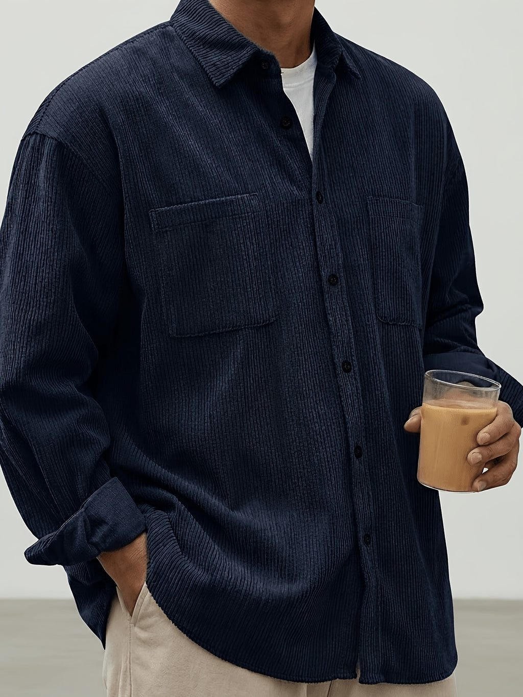 Men's Corduroy Button- Shirt Jacket with Chest Patch Pockets, Long Sleeves, Autumn/winter Casual Outerwear - Navy Color
