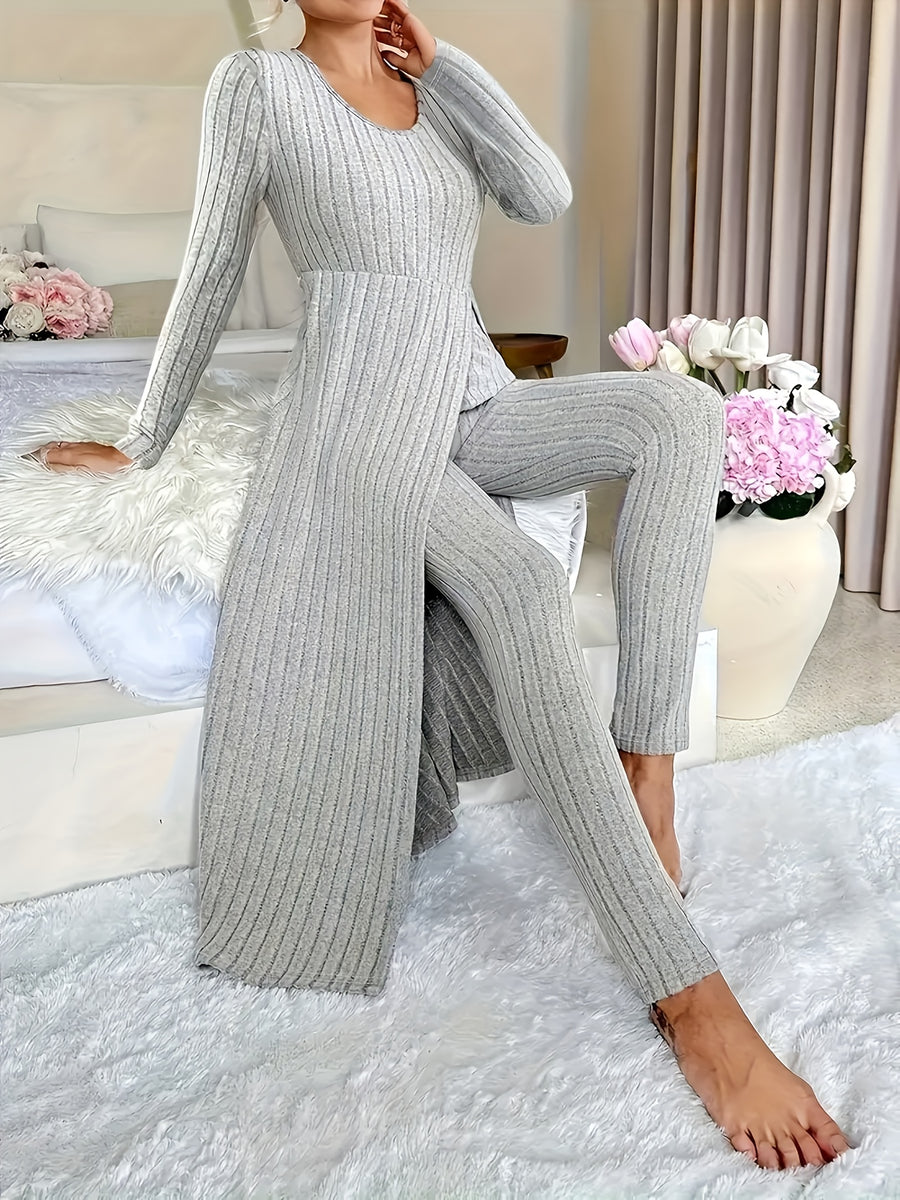 Autumn-Winter Casual Robe and Long Pants Set, High Slit Dress Set, Hair Needle Material, Suitable for Daily Wear, Home Casual Wear - Light Grey