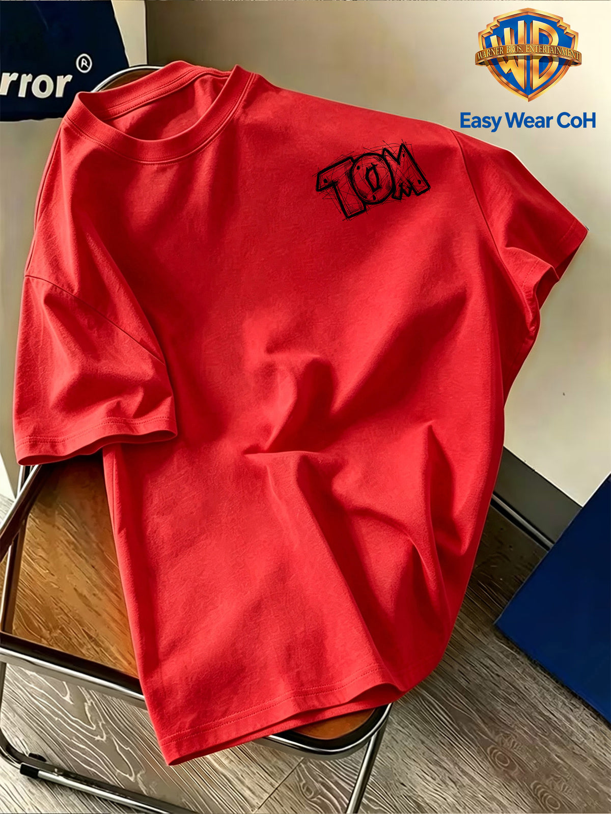 Warner Authorized New Preppy Style Men'S Short Sleeve T-Shirt, Hand-Drawn Sketch Style Cartoon Creative Niche Pattern Print, Chest with "TOM" Letter Sketch, Unique And Non-Mass-Produced, Comfortable Breathable Skin-Friendly Fabric - Red