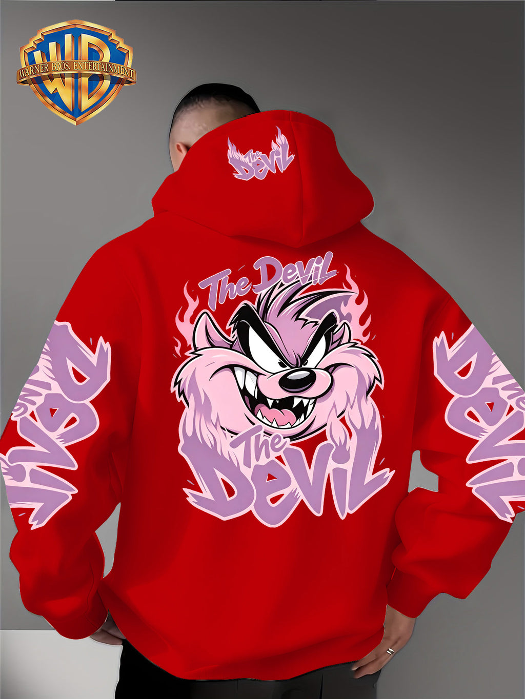 Le Yitong Tasmanian Devil Big Mouth Monster Print Hoodie, with Sleeve Print Design, Kangaroo Pouch And Drawstring Hood, Suitable for Autumn/Winter Casual Wear And Outdoor Activities - Red