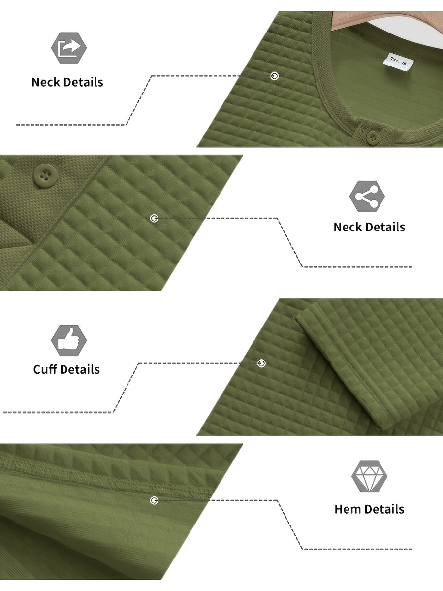 Men's Autumn Two-pc Waffle Knit Henley Long-Sleeve Sweater, Soft Three-Dimensional Checkered Textured Fabric, Three-Button Placket for Adjustable Collar, Simple Casual Commuter Style, Can Be Worn Alone or as a Layering Piece, Suitable for Daily - Military Gray