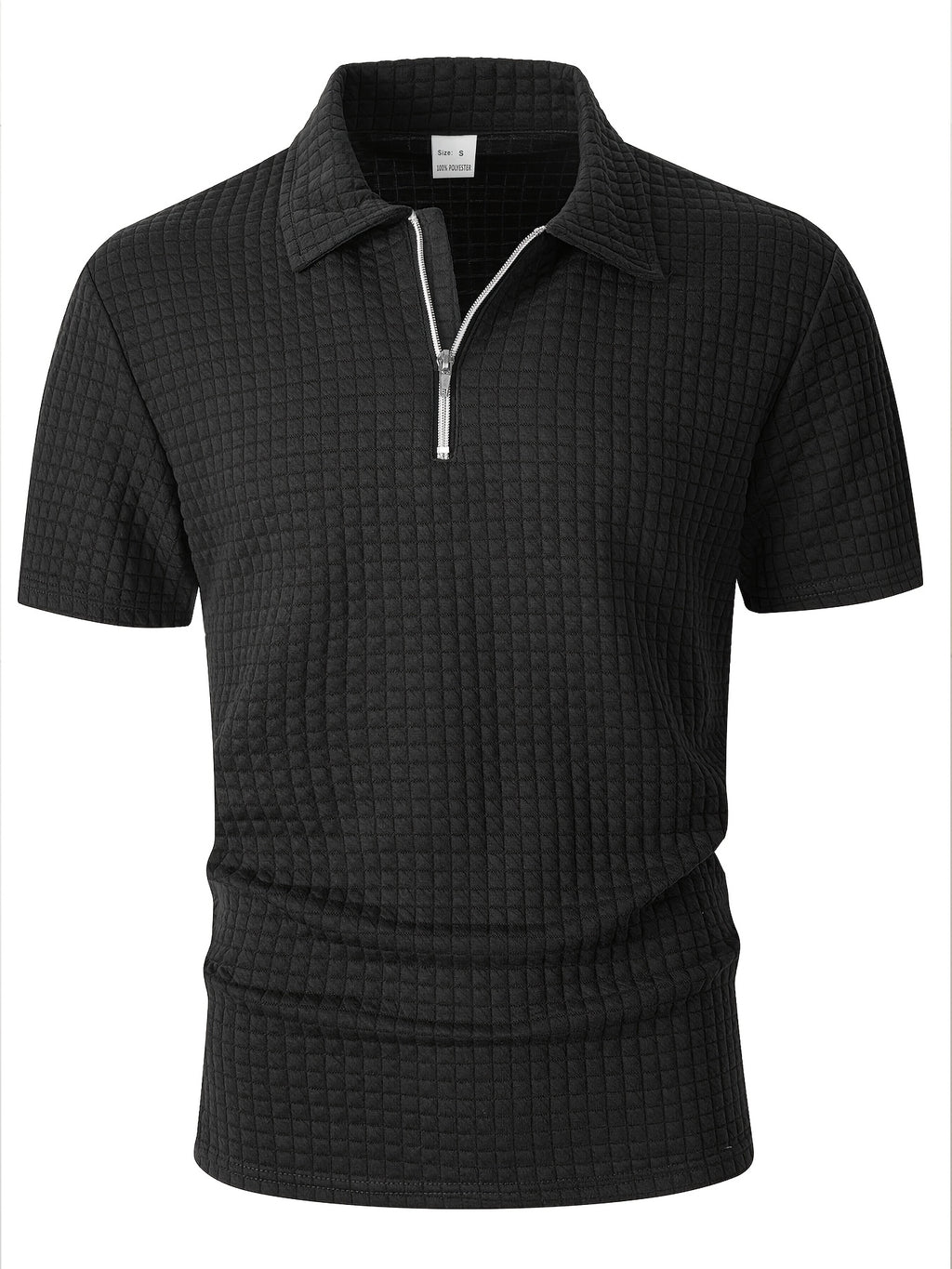 Men's Waffle Knit Half-Zip Polo Shirt, Loose Fit Solid Color Versatile Short Sleeve - Black