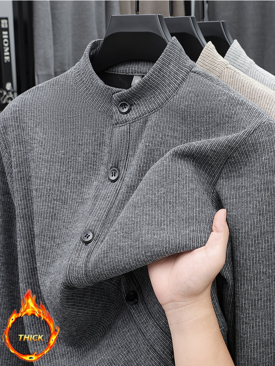 Men'S Stand Collar Knit Cardigan Fleece Thickened Jacket Casual Vertical Stripe Button-Up Top - Dark Gray