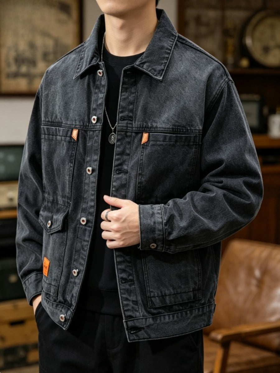 2026 Spring New Arrival Men's Heavyweight Denim Jacket, High Street Style, Fade-Resistant and Non-Deforming - Black Gray