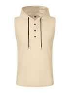 Men's Sleeveless Hooded Henley Shirt - Lightweight, Breathable Polyester | Summer Casual & Sporty Top with Button Detail | Machine Washable - Khaki