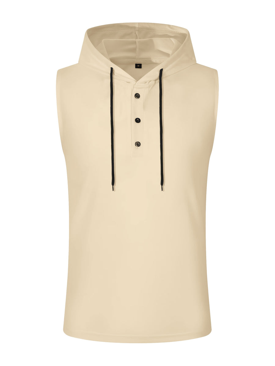 Men's Sleeveless Hooded Henley Shirt - Lightweight, Breathable Polyester | Summer Casual & Sporty Top with Button Detail | Machine Washable - Khaki