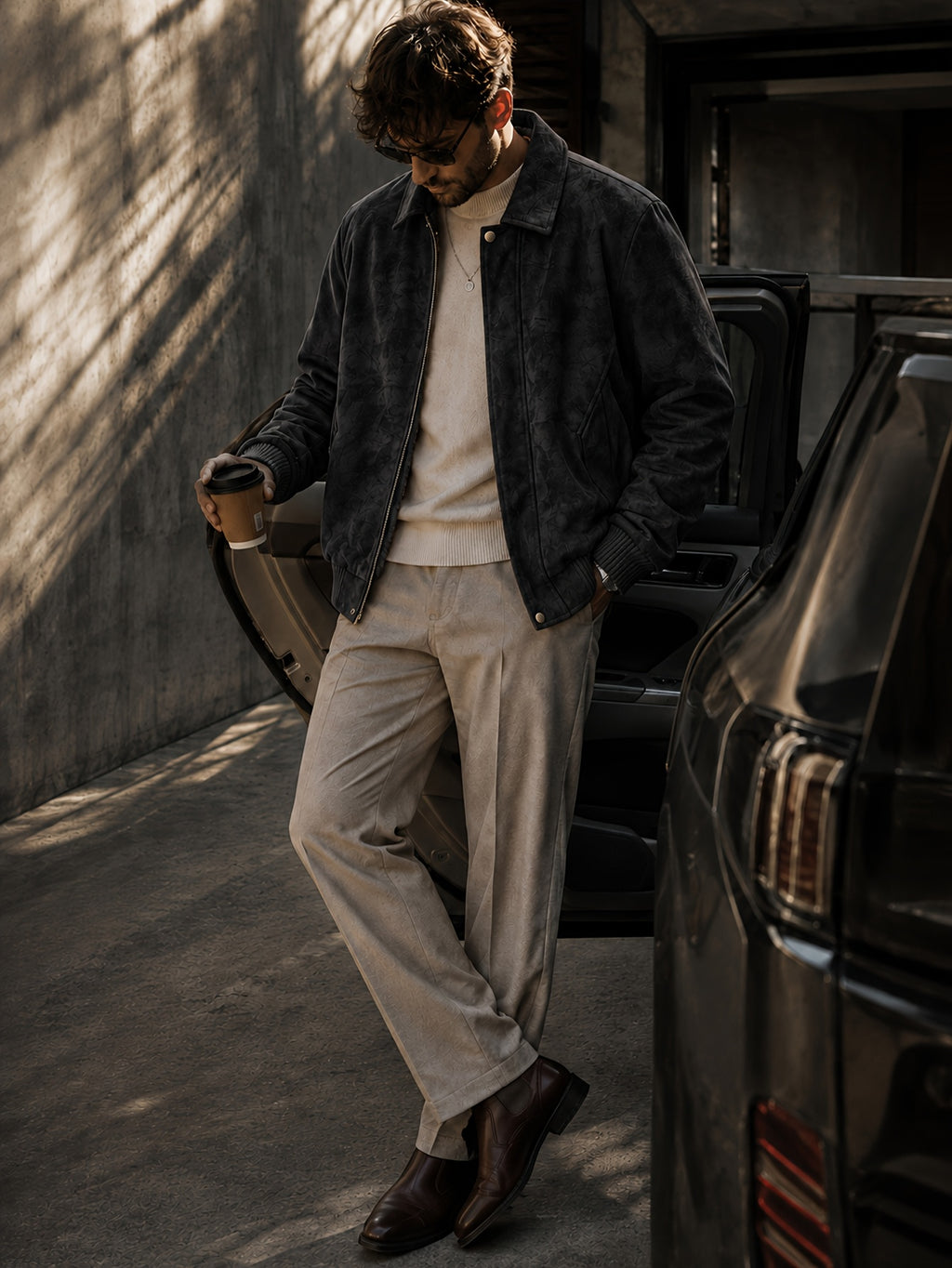Men'S Autumn Winter Thickened PU Material Jacket, Retro Lapel Fleece-Lined Jacket, Loose Commuter All-Match Cargo Top, Windproof And Anti-Deformation, Autumn Winter Style, Travel Outdoor Wear - Black Fleece