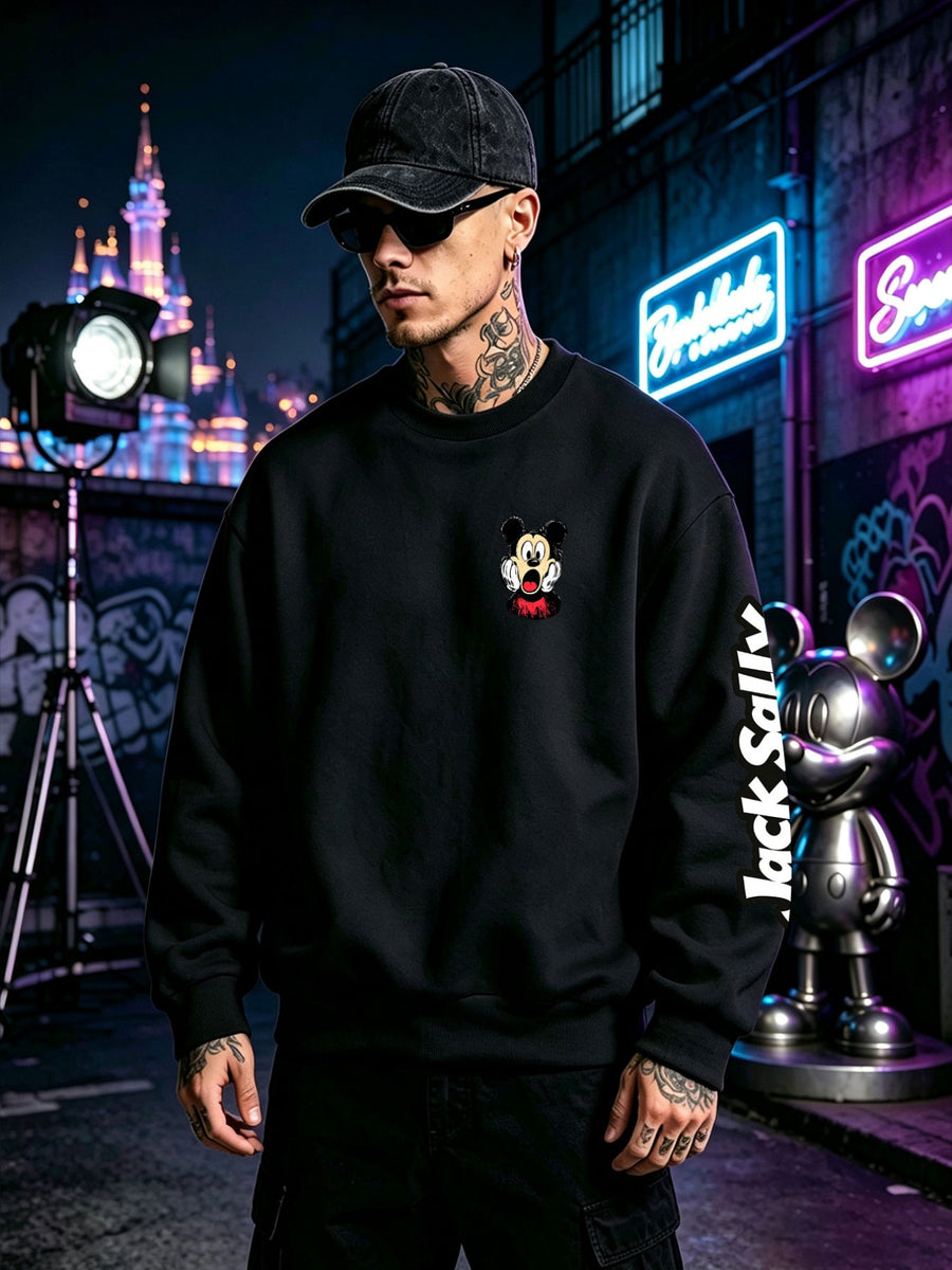 Halloween Sweatshirt, Men's Autumn/Winter Long-Sleeve Top, Casual and Versatile Sweatshirt, "Disney" Mickey Mouse Scared Face Print Men's Apparel, Perfect for Holiday Outfits, Daily Wear, and Party Attire - Black