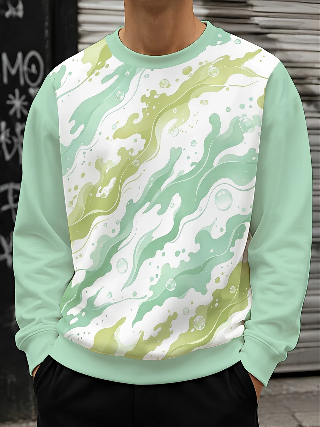 Men's Crew Neck Sweatshirt, Light Green, Abstract Wave Print, Casual Sportswear for Daily Wear, Fashionable Loose Fit Top, Youth Trendy Pullover, Versatile Autumn Long Sleeve Sweatshirt, Random Print - Mixed colors