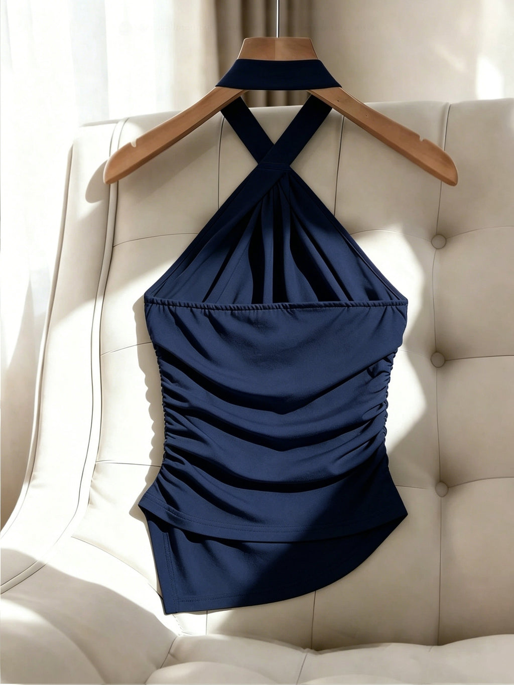 Women'S Solid Color Halter Slim Off-Shoulder Elegant Asymmetrical Hem Top, Side Waist Cinched Ruched Blouse, Metal Decor Button Design, Suitable for Dates, Gatherings, Commuting, Casual Fashion Versatile Premium Style - All-Season - Navy Color