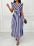 Women'S Striped Dress with Lotus Leaf Sleeves - Navy Color