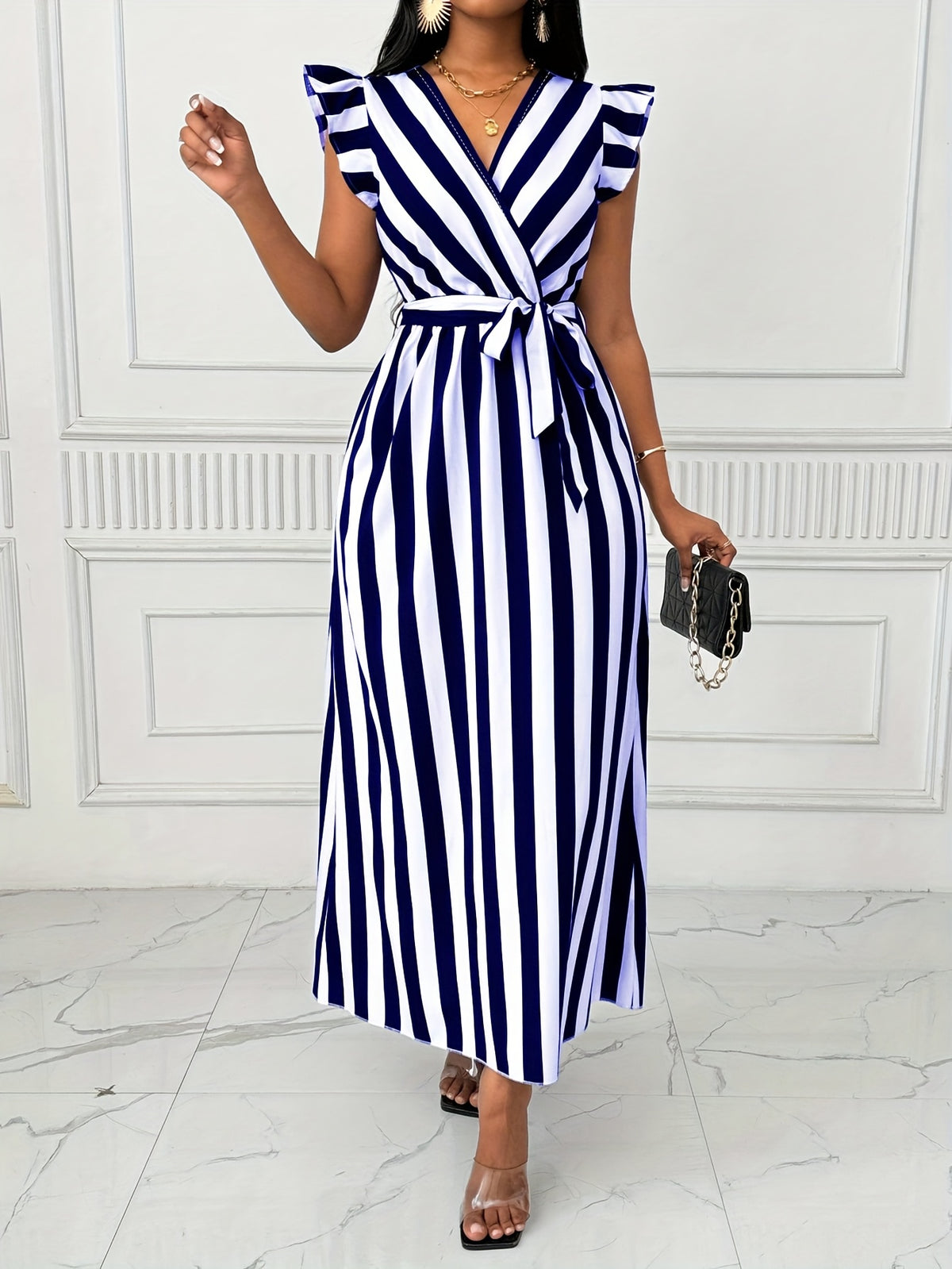 Women'S Striped Dress with Lotus Leaf Sleeves - Navy Color