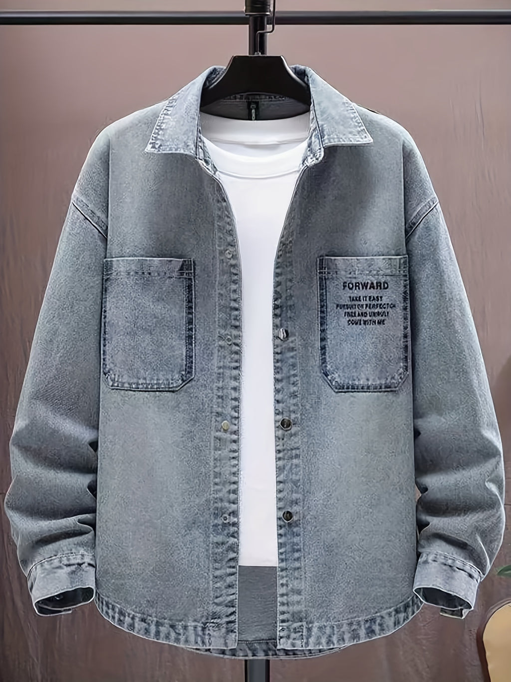 Men's Casual Denim Shirt, Solid Color Long Sleeve Button- Denim Top, Casual Party Style Jacket, Classic Washed  Denim Shirt - Peacock Blue