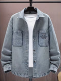 Men's Casual Denim Shirt, Solid Color Long Sleeve Button- Denim Top, Casual Party Style Jacket, Classic Washed  Denim Shirt - Peacock Blue