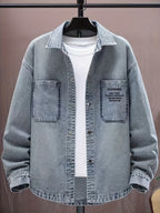 Men's Casual Denim Shirt, Solid Color Long Sleeve Button- Denim Top, Casual Party Style Jacket, Classic Washed  Denim Shirt - Peacock Blue
