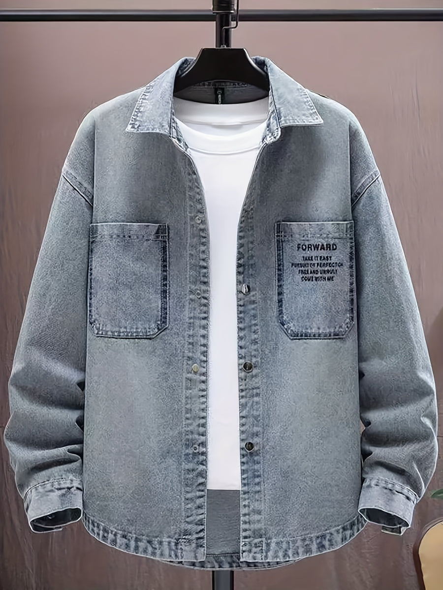 Men's Casual Denim Shirt, Solid Color Long Sleeve Button- Denim Top, Casual Party Style Jacket, Classic Washed  Denim Shirt - Peacock Blue