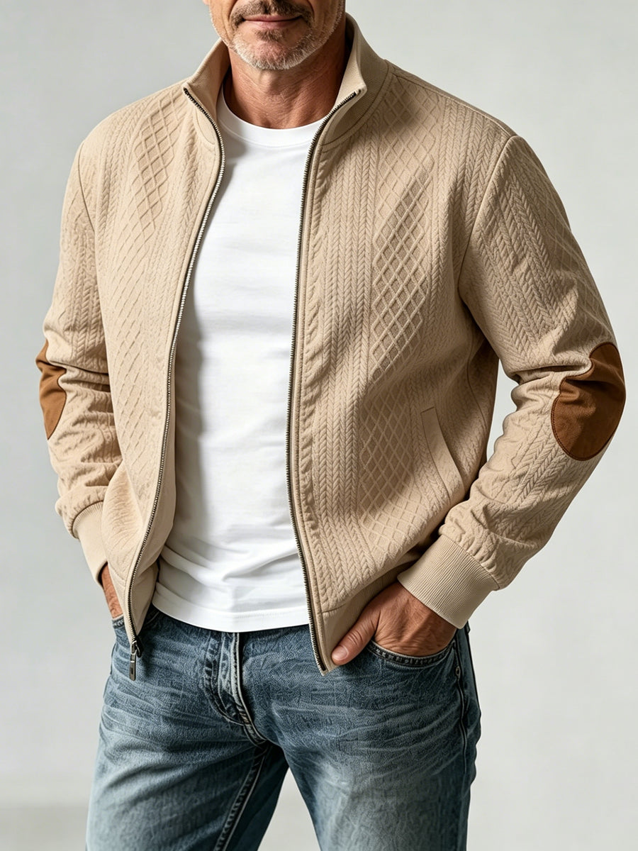 Spring/Autumn New Men's Stand Collar Rhombus Jacquard Baseball Jacket, Middle-Aged Business Casual Velvet Elbow Patch Design Knitted Cardigan, European and American Style Simple Versatile Solid Color Zipper Outerwear Top - Khaki