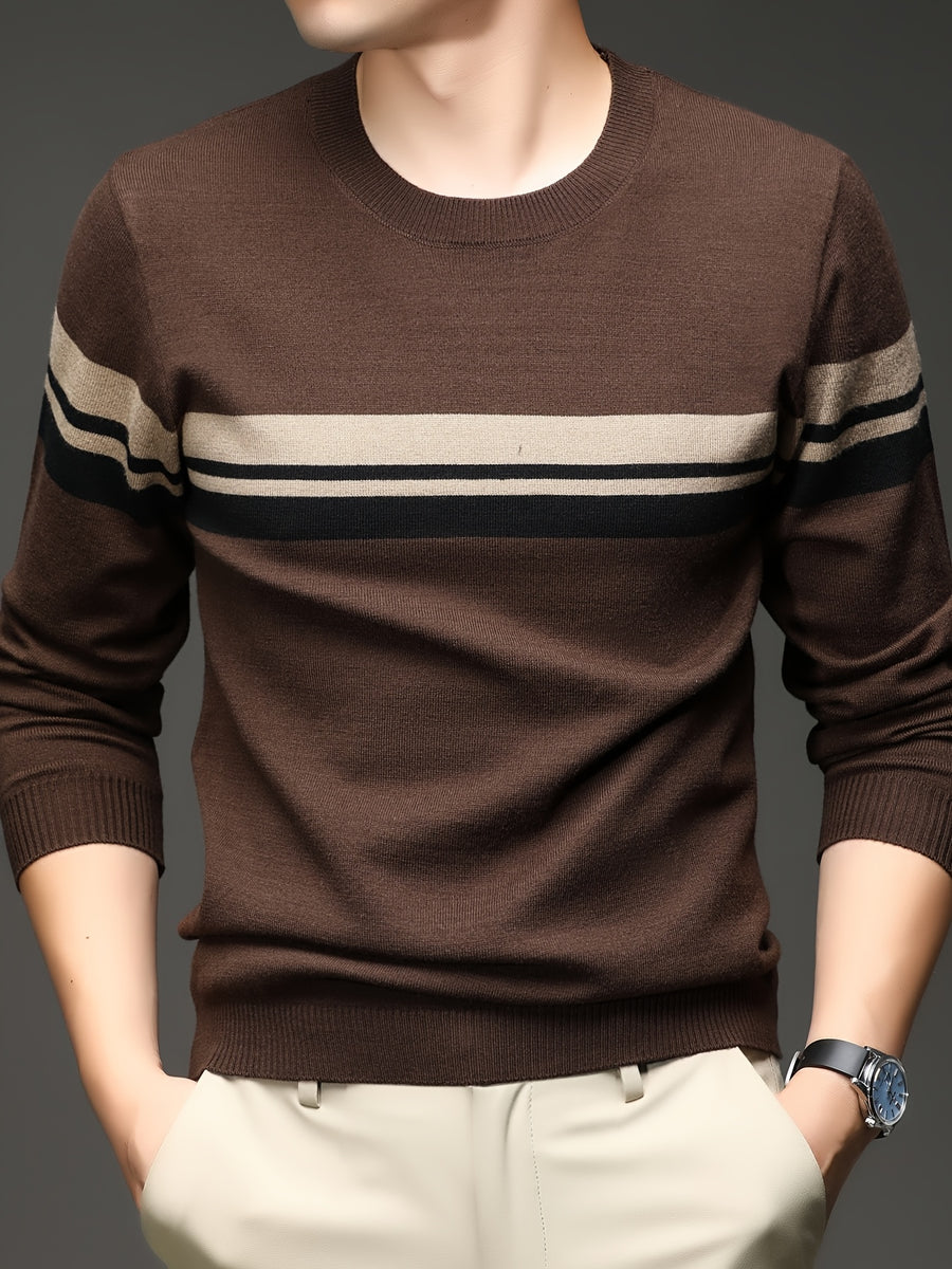 [Wading Whale OBM] Spring/Autumn New Men'S Knit Pullover Sweater, Old Money Style Color-Block Ribbed Round Neck Long Sleeve Knit Pullover for Men, Business Casual Fashion Ribbed Sweater, Suitable for Spring, Autumn, Winter Layering Or Inner Wear - Coffee Color