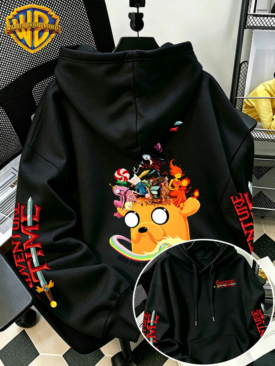 Warner Bros. Men's New Trendy Hoodie with Adventure Time Jake's Head Crowd Cartoon Graphic Print, Casual Hooded Sweatshirt, Daily Drawstring Loose Pullover Top, Machine Washable Versatile Sporty Casual Men's Top - Black