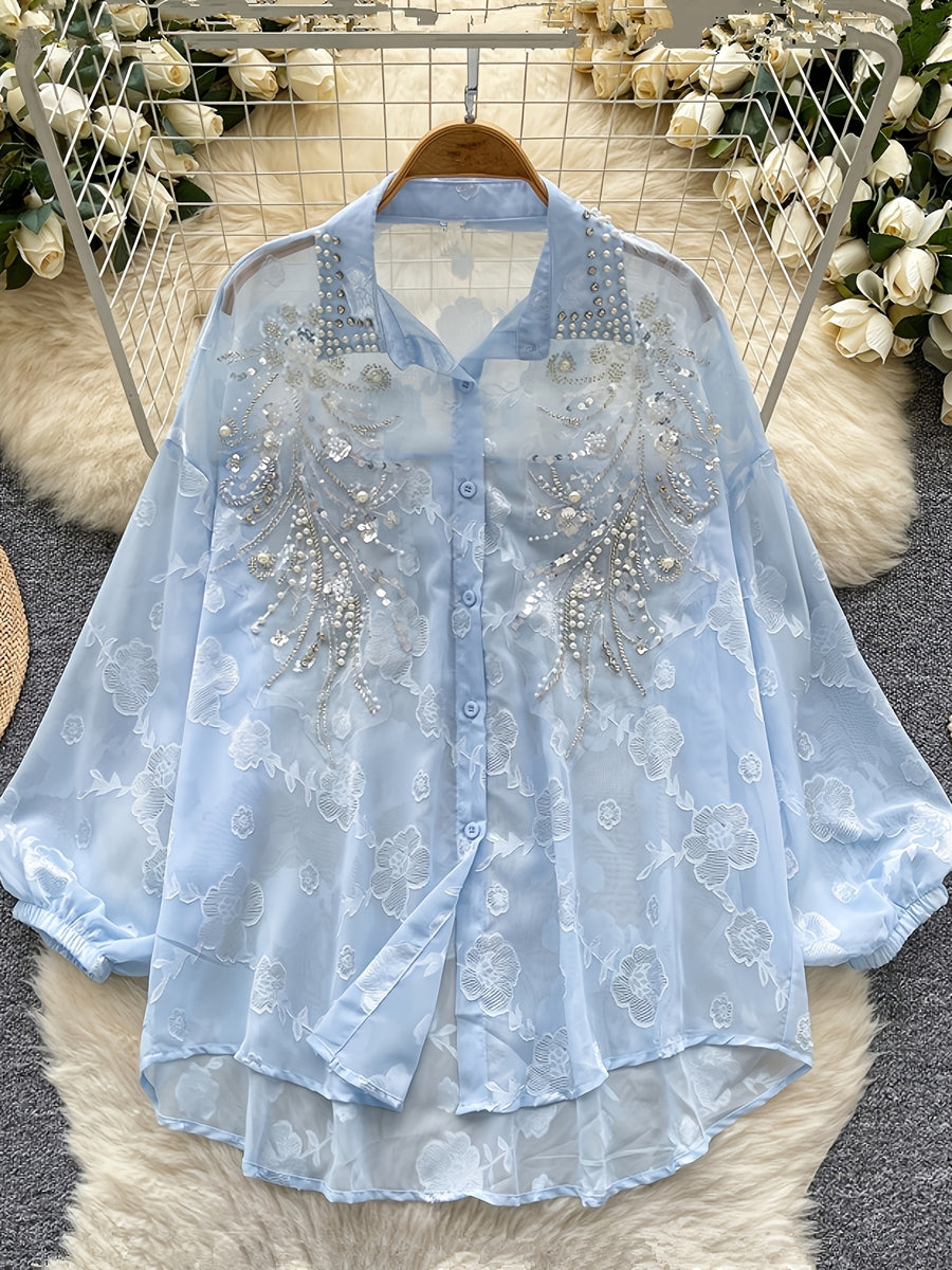 Light Luxury Socialite Heavy Bead Sequin Embroidery Lantern Sleeve Shirt Women'S Summer Thin Loose Outerwear Long Sleeve Top - Sky Blue