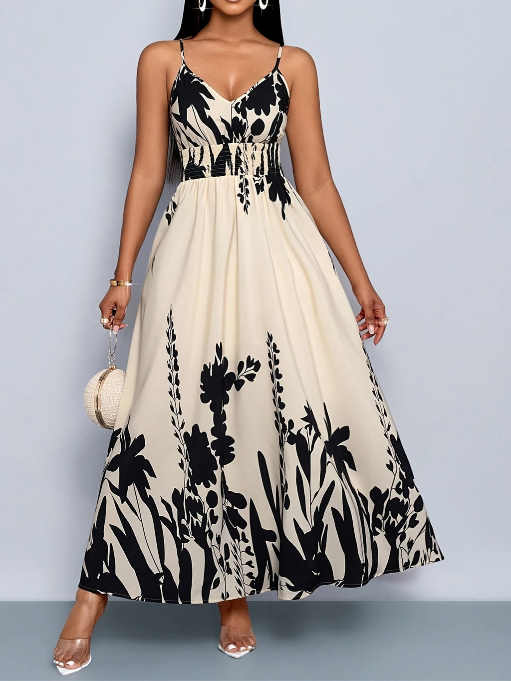 Elegant Women's Printed Spaghetti Strap V-Neck Sleeveless Dress - Apricot