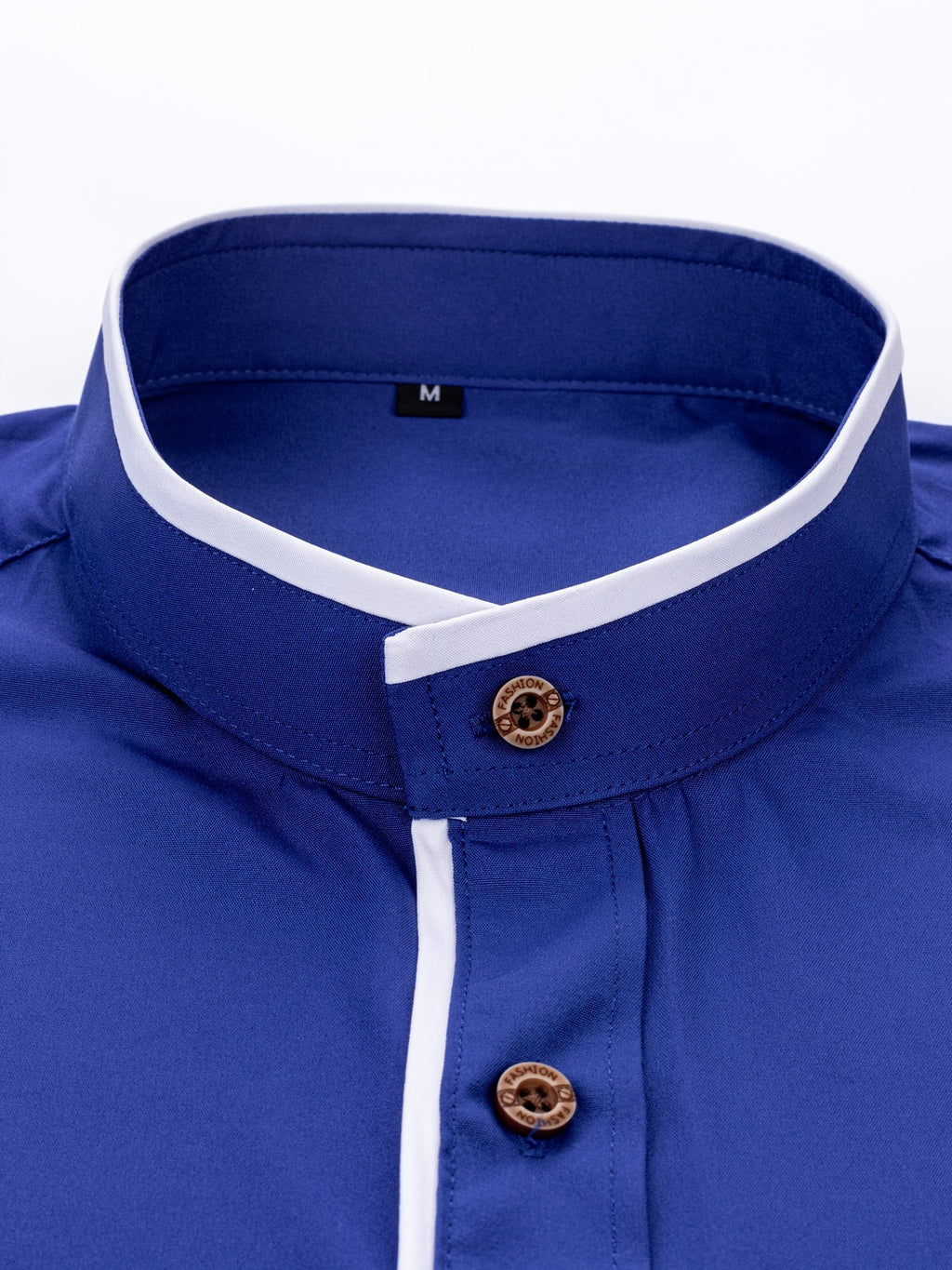 Men'S Short-Sleeved Shirt, Henley Collar/Stand-Up Collar Design, Placket Splicing Contrast Color Design - Royal Blue
